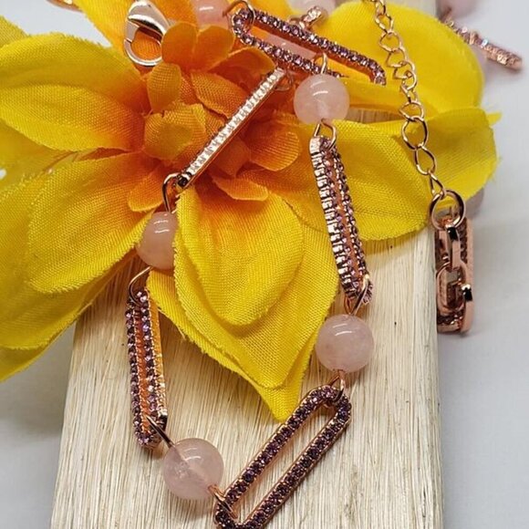 New, Galilea Rose Quality & Pink Austian Crystal Paper Clip Necklace, 20 Inches - Picture 3 of 6